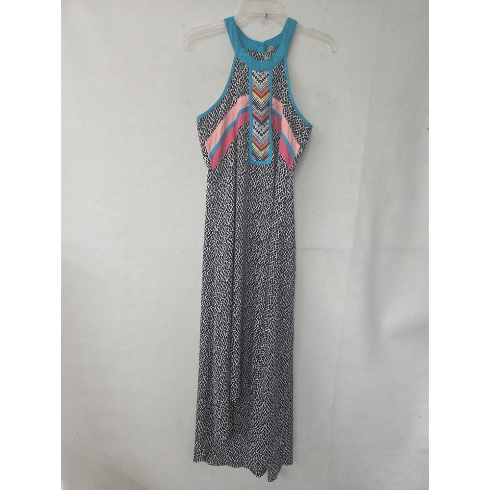 Rip Curl Maxi Dress Womens XS Black White Teal Geometric Halter Boho Surf Hi-Low